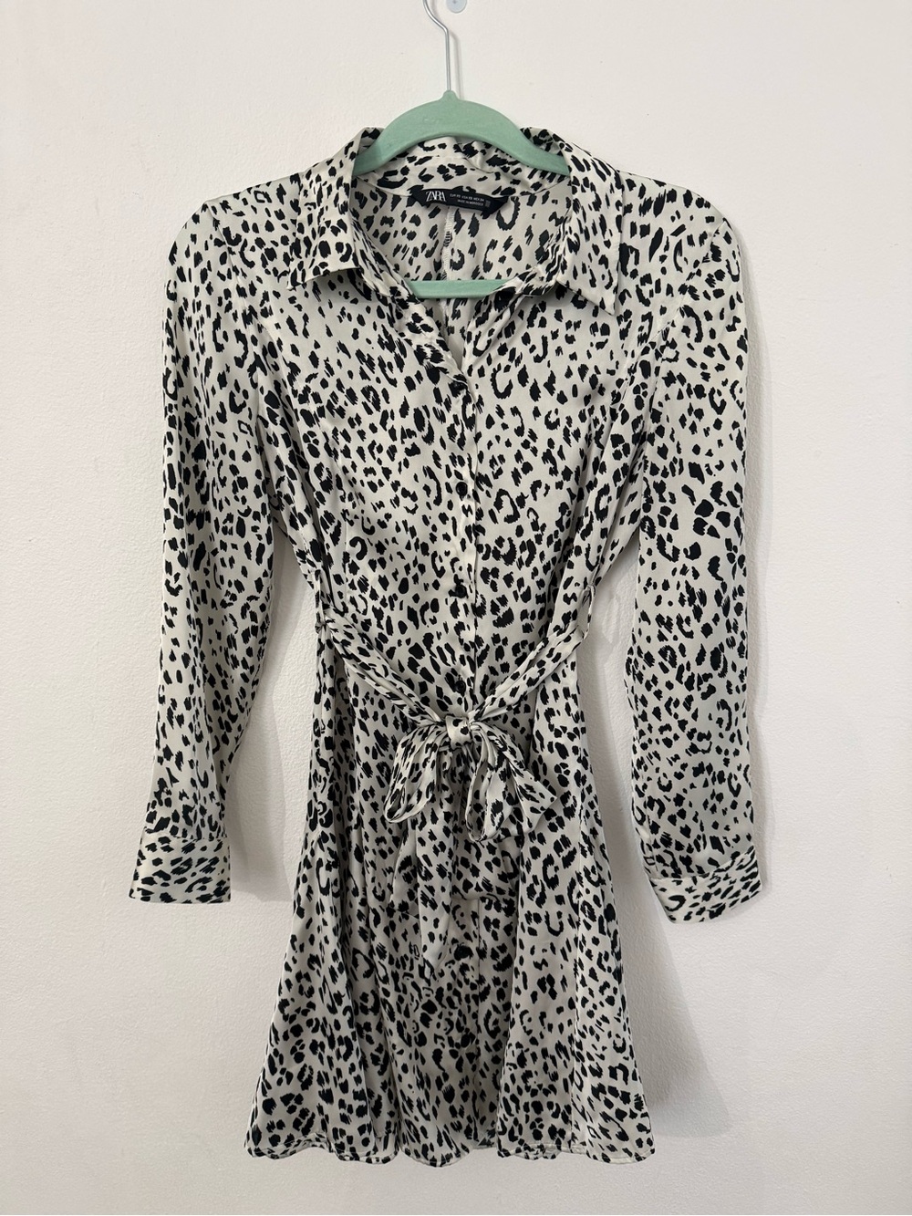 Zara Black & White Leopard Print Long Sleeve Shirt Dress